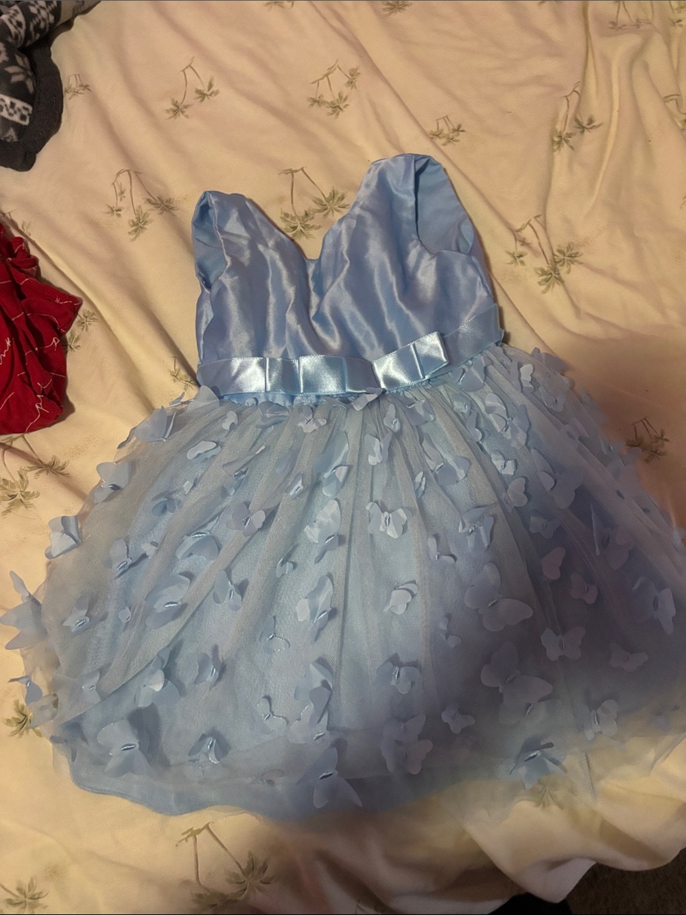Amazon Girls Light Blue Satin Bodice Tulle Dress with Butterfly Details